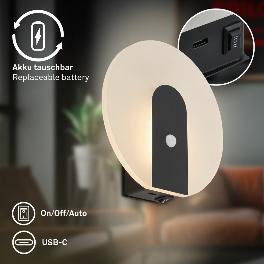 Briloner 3889015 - LED Nabíjecí nástěnné svítidlo se senzorem pohybu a soumraku TARO LED/2,5W/5V 1800 mAh černá