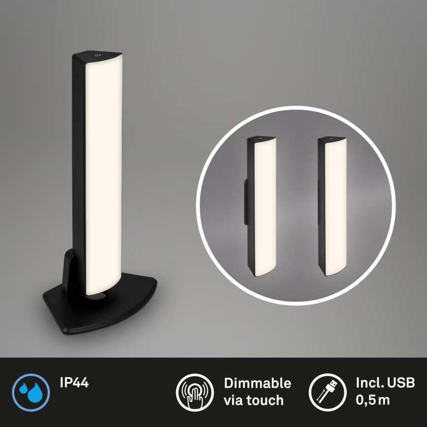 Briloner 7474-015 - LED Stmívatelná dotyková nabíjecí venkovní stolní lampa 2v1 LED/7W/5V 2x2200 mAh USB 3000K IP44 černá