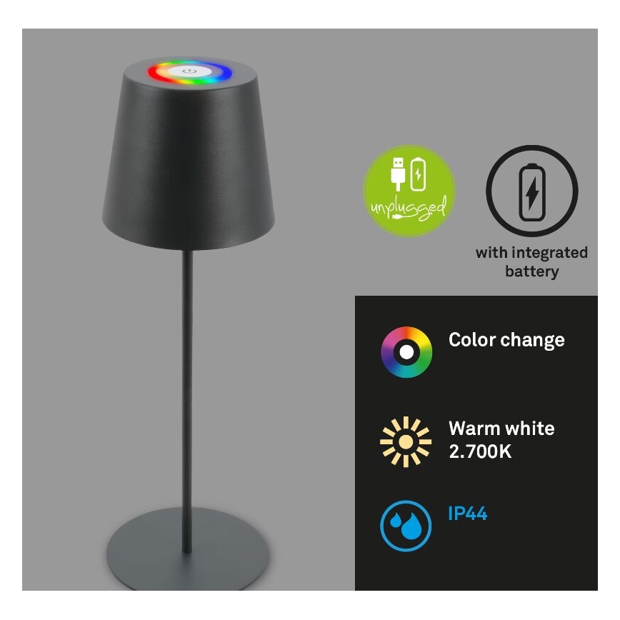 Briloner 7507015 - LED RGB Stmívatelná nabíjecí venkovní stolní lampa 2v1 LED/2,5W/5V IP44 antracit