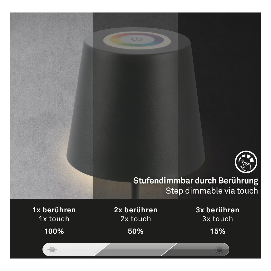 Briloner 7507015 - LED RGB Stmívatelná nabíjecí venkovní stolní lampa 2v1 LED/2,5W/5V IP44 antracit