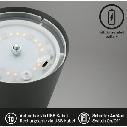 Briloner 7508015 - LED Stmívatelná nabíjecí venkovní stolní lampa 2v1 LED/2,5W/5V IP44 černá