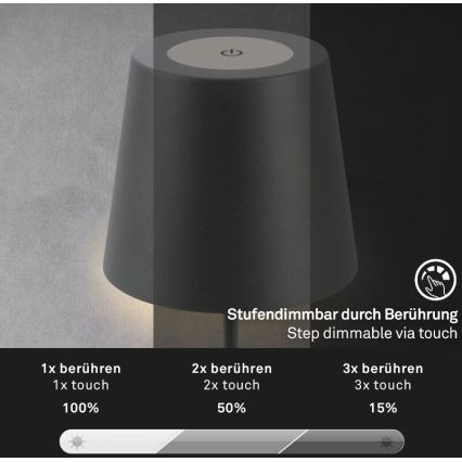 Briloner 7508015 - LED Stmívatelná nabíjecí venkovní stolní lampa 2v1 LED/2,5W/5V IP44 černá