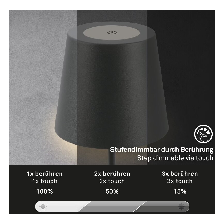 Briloner 7508015 - LED Stmívatelná nabíjecí venkovní stolní lampa 2v1 LED/2,5W/5V IP44 černá