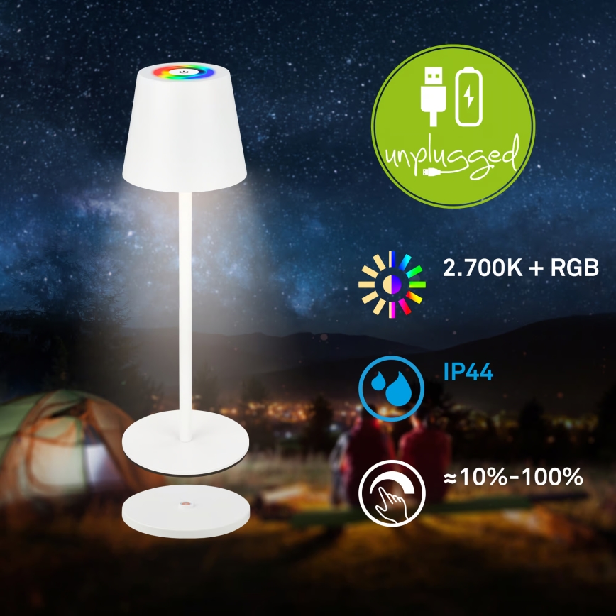 Briloner 7517016 - LED RGBW Stmívatelná nabíjecí venkovní stolní lampa CILANO LED/3W/5V IP44 2000 mAh bílá