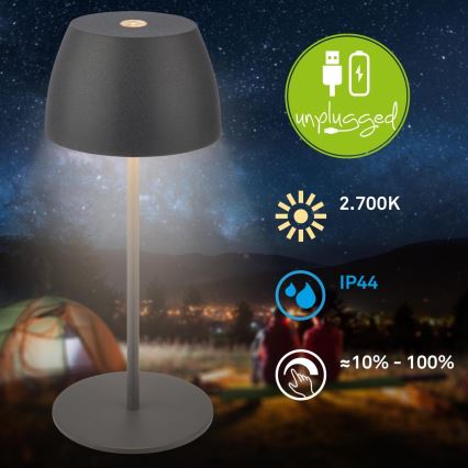 Briloner - LED Stmívatelná nabíjecí dotyková venkovní stolní lampa MINI LED/2,5W/5V IP44 1800 mAh antracit