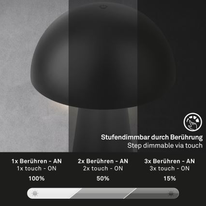 Briloner - LED Stmívatelná nabíjecí dotyková venkovní stolní lampa LED/2,6W/5V 3000K IP44 2000 mAh černá