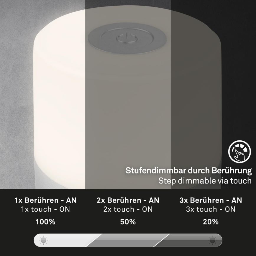 Briloner - LED Stmívatelná nabíjecí dotyková venkovní stolní lampa LED/2W/5V 2700K IP44 1200 mAh matný chrom