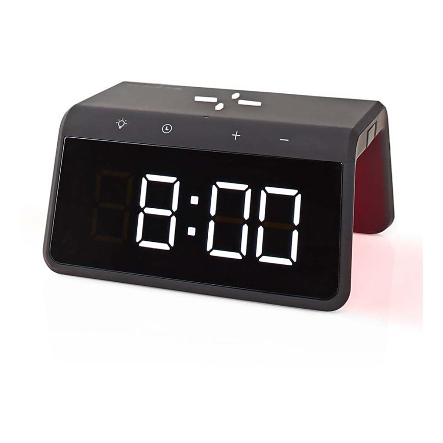 Budík s LCD displejem a bezdrátovou nabíječkou 15W/230V 1x CR2032 černá