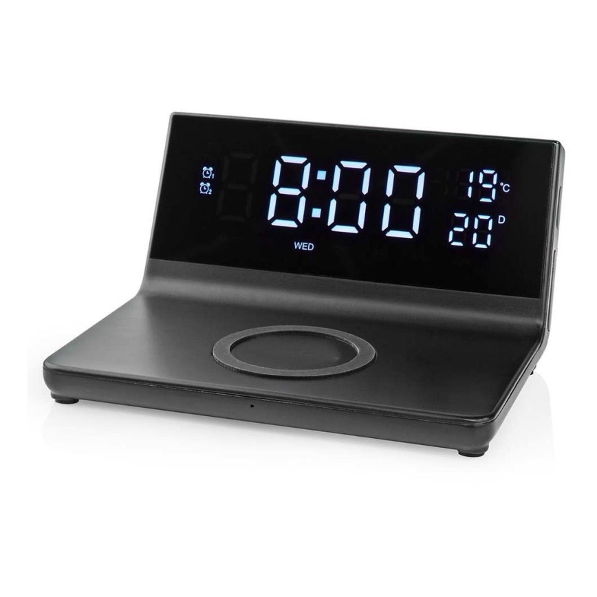Budík s LCD displejem a bezdrátovou nabíječkou 15W/230V + 1xCR2032 černá