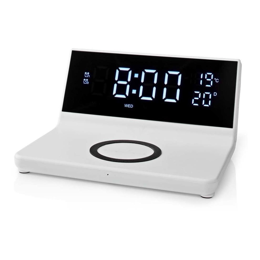 Budík s LCD displejem a bezdrátovou nabíječkou 15W/5V + 1xCR2032 bílá