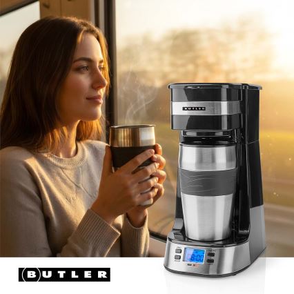 Butler - Kávovar na jeden hrnek 0,4 l s časovačem a cestovním hrnkem 750W/230V nerez/černá