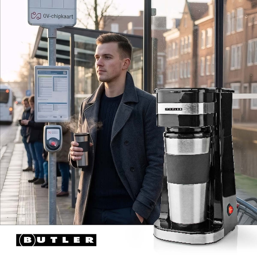 Butler - Kávovar na jeden hrnek 0,4 l s cestovním hrnkem 750W/230V nerez/černá