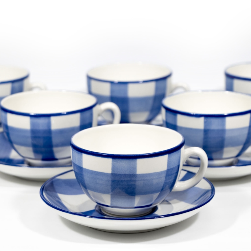 Čajová sada 6x keramický šálek s podšálkem bílá modrá