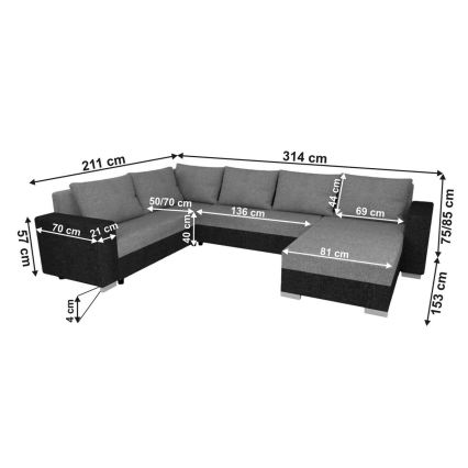 Čalouněná univerzální rozkládací sedací souprava do U YORK černá/antracit