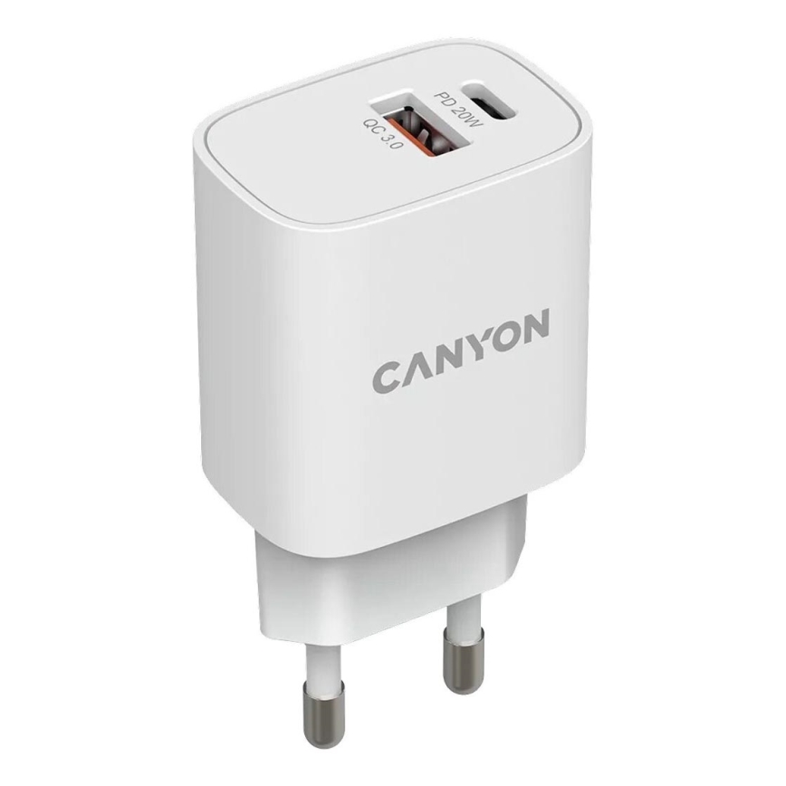 Canyon - Rychlonabíjecí adaptér Power Delivery 20W USB-C + USB-A bílá