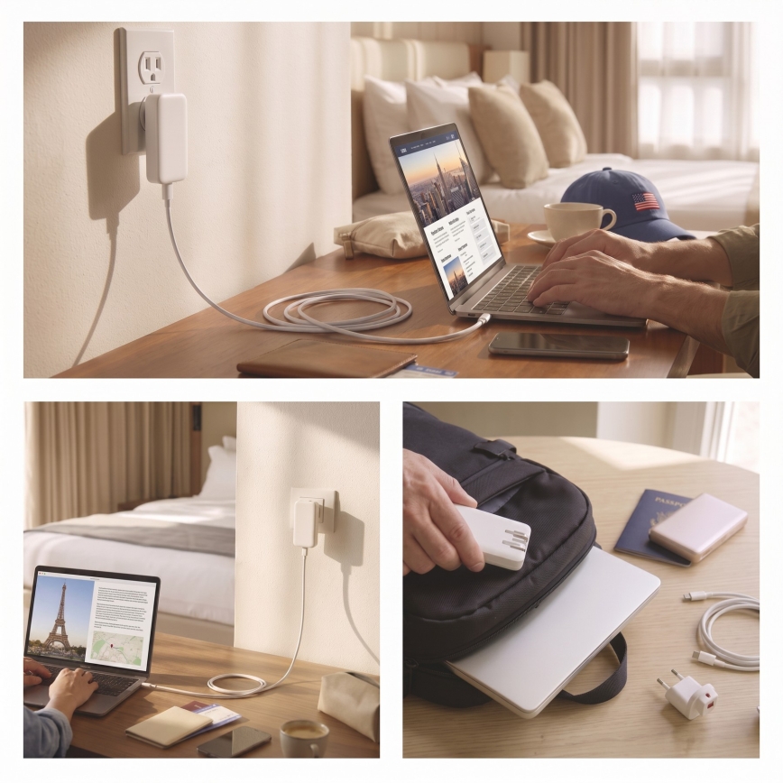 Cestovní adaptér s výměnnými nástavci USB GaN 100-250V