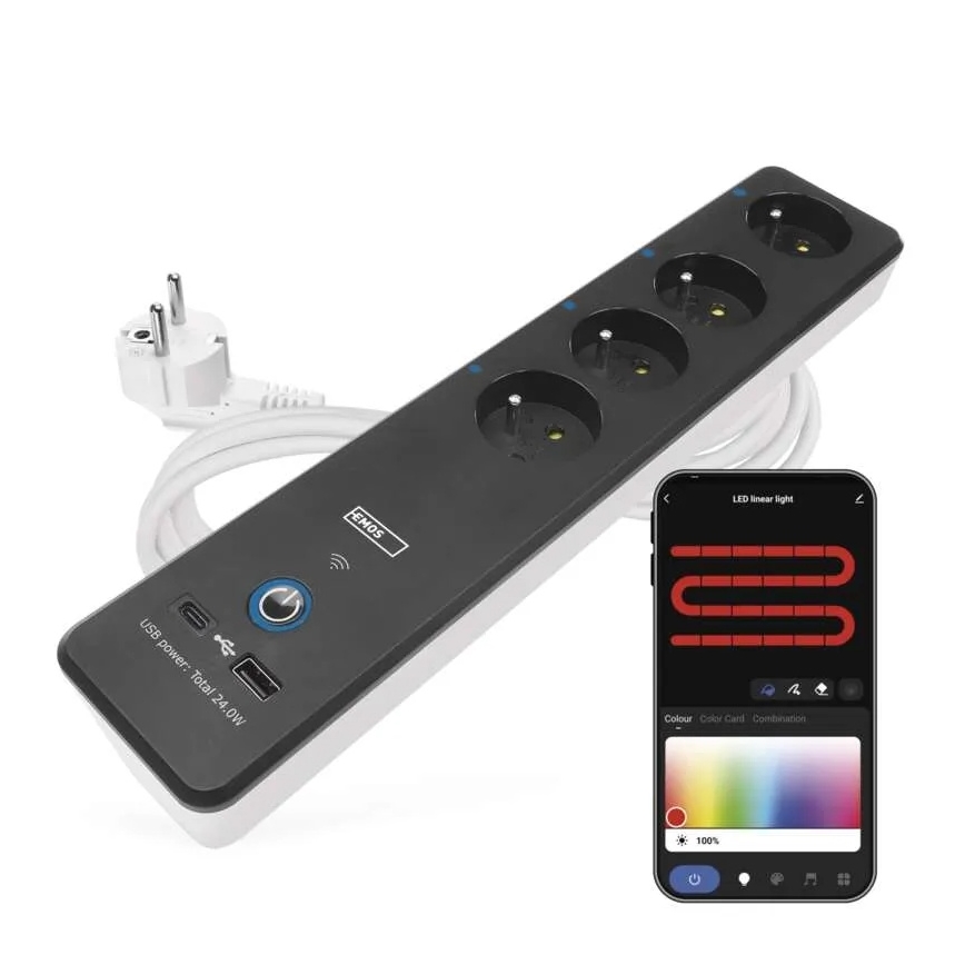 Chytrý prodlužovací kabel s vypínačem GoSmart 4Z + 1xUSB-A + 1xUSB-C 2 m Wi-Fi Tuya