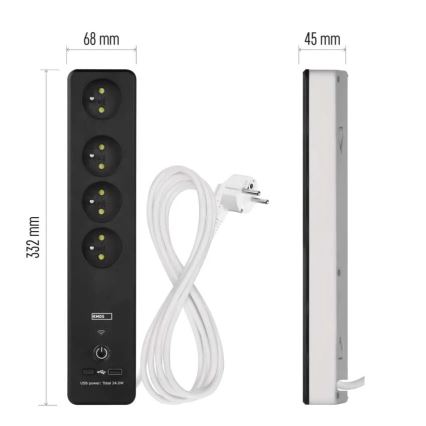 Chytrý prodlužovací kabel s vypínačem GoSmart 4Z + 1xUSB-A + 1xUSB-C 2 m Wi-Fi Tuya