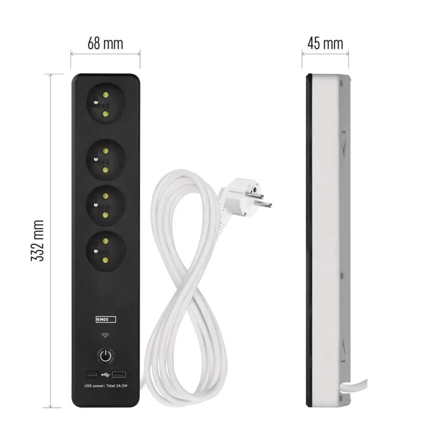 Chytrý prodlužovací kabel s vypínačem GoSmart 4Z + 1xUSB-A + 1xUSB-C 2 m Wi-Fi Tuya