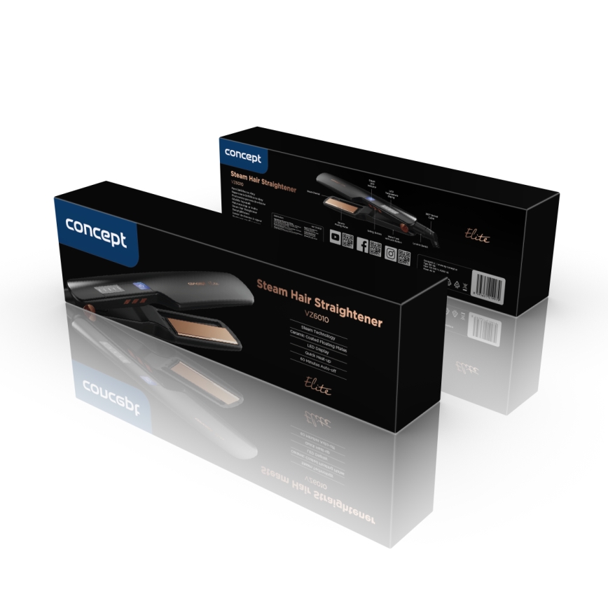 Concept VZ6010 - Parní žehlička na vlasy s LED displejem ELITE STEAM BOOST 54W/230V černá