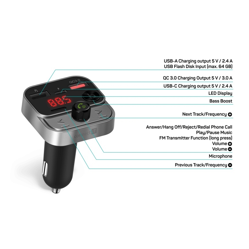 CONNECT IT CCC-8900-AN - FM vysílač do auta s funkcí handsfree černá/stříbrná