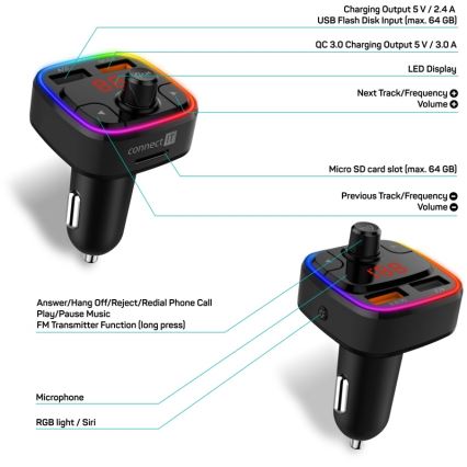 CONNECT IT CCC-9090-BK - LED RGB FM vysílač do auta s funkcí handsfree černá