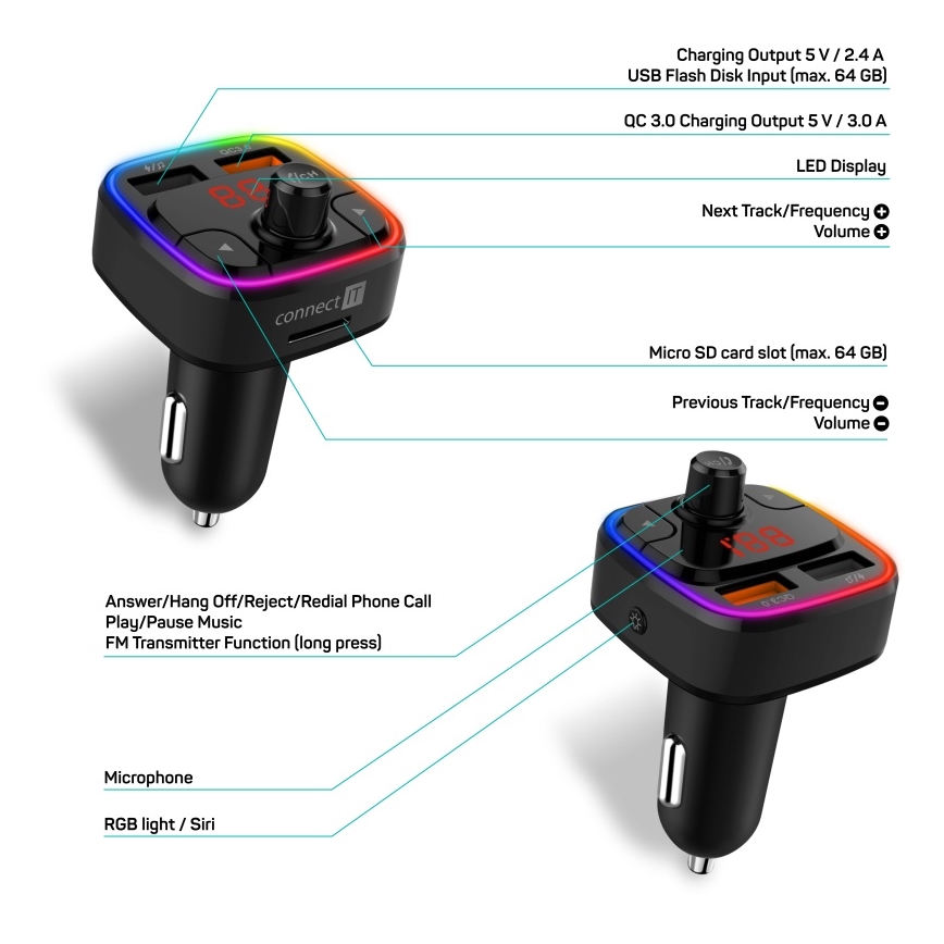 CONNECT IT CCC-9090-BK - LED RGB FM vysílač do auta s funkcí handsfree černá