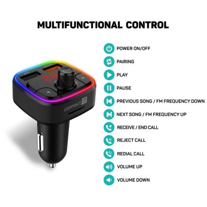 CONNECT IT CCC-9090-BK - LED RGB FM vysílač do auta s funkcí handsfree černá