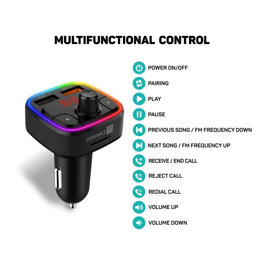 CONNECT IT CCC-9090-BK - LED RGB FM vysílač do auta s funkcí handsfree černá