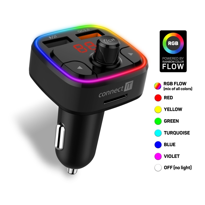 CONNECT IT CCC-9090-BK - LED RGB FM vysílač do auta s funkcí handsfree černá