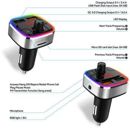 CONNECT IT CCC-9090-SL - LED RGB FM vysílač do auta s funkcí handsfree černá/stříbrná