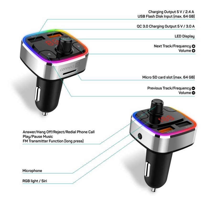 CONNECT IT CCC-9090-SL - LED RGB FM vysílač do auta s funkcí handsfree černá/stříbrná