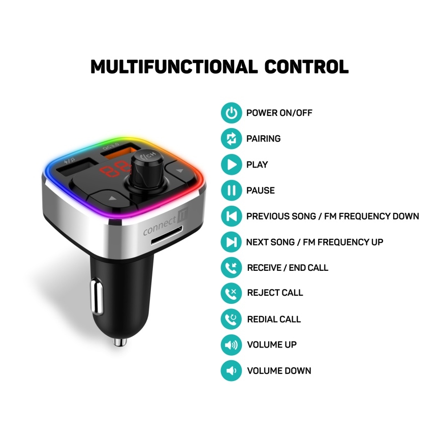 CONNECT IT CCC-9090-SL - LED RGB FM vysílač do auta s funkcí handsfree černá/stříbrná