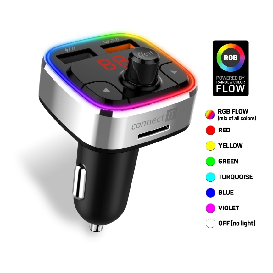 CONNECT IT CCC-9090-SL - LED RGB FM vysílač do auta s funkcí handsfree černá/stříbrná