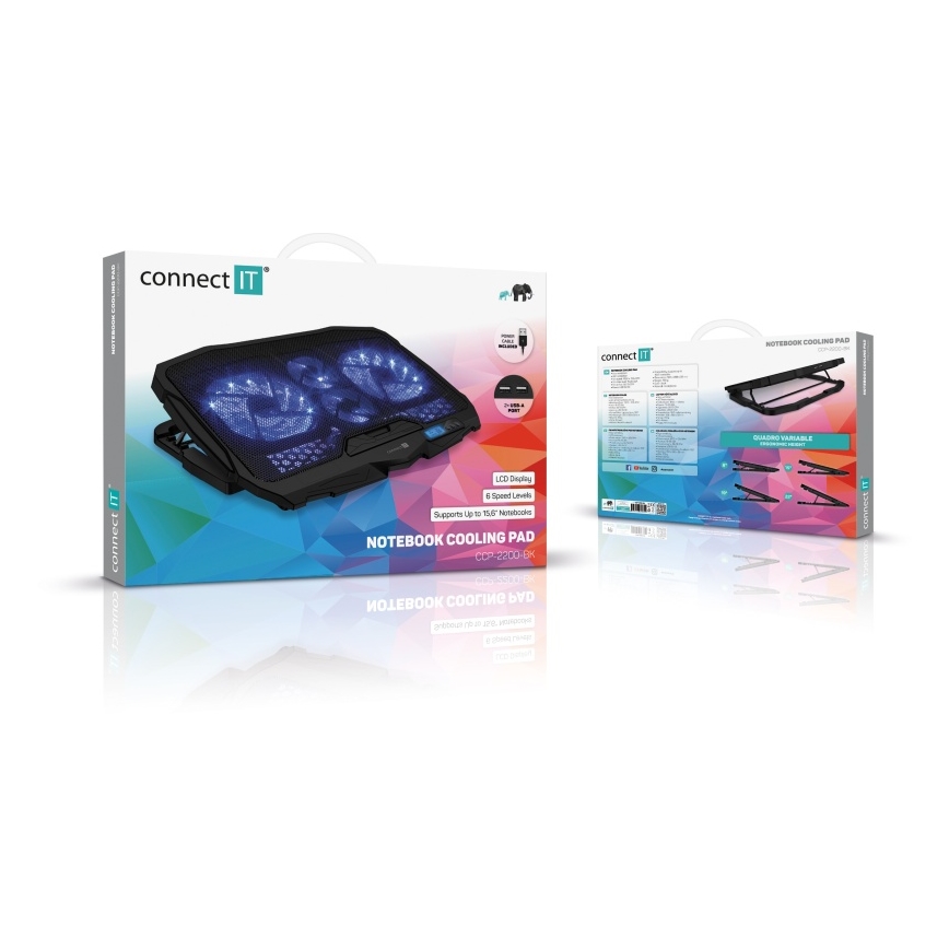 CONNECT IT CCP-2200-BK - Chladící podložka pro notebook 4x ventilátor 2xUSB černá//modrá