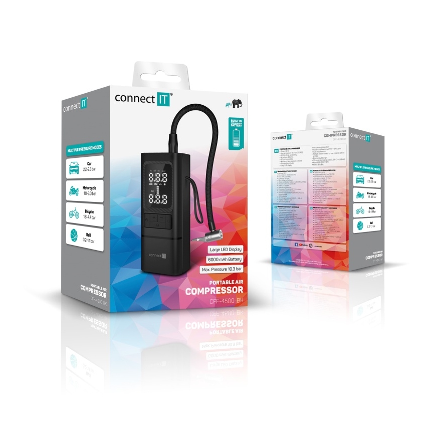 CONNECT IT CFF-4500-BK - Digitální kapesní kompresor AirFlow 80W/6000 mAh černá