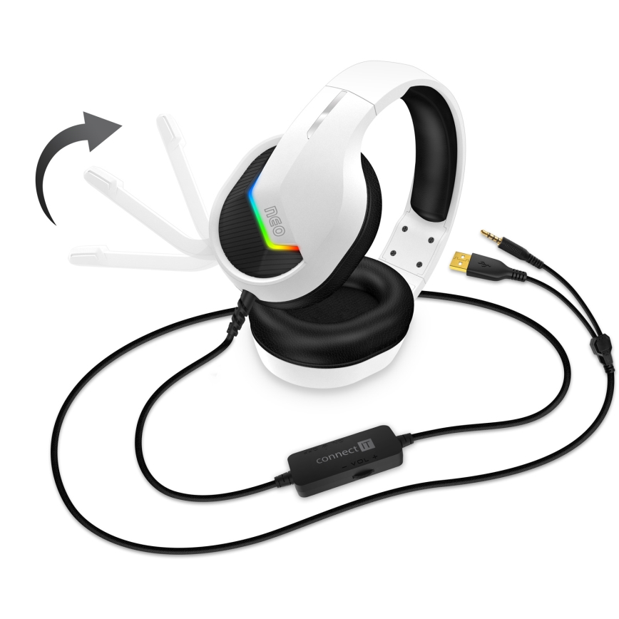 CONNECT IT CHP-3595-WH - LED RGB Herní drátová sluchátka s mikrofonem bílá/černá
