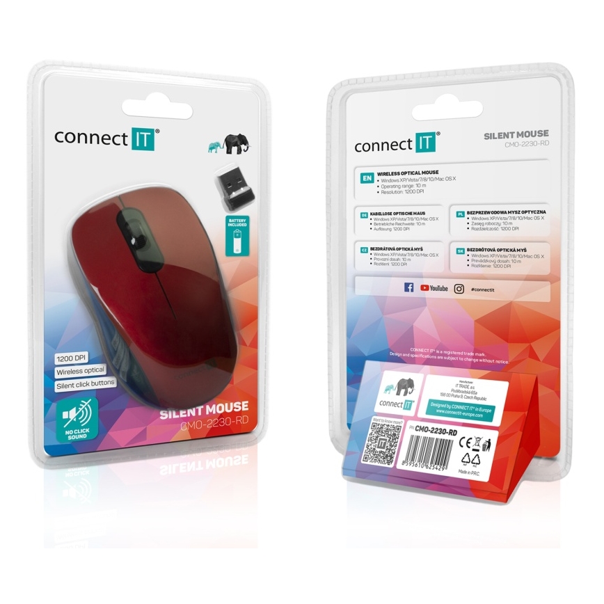 CONNECT IT CMO-2230-RD - Bezdrátová tichá myš MUTE 1200 DPI 1xAA černá/červená