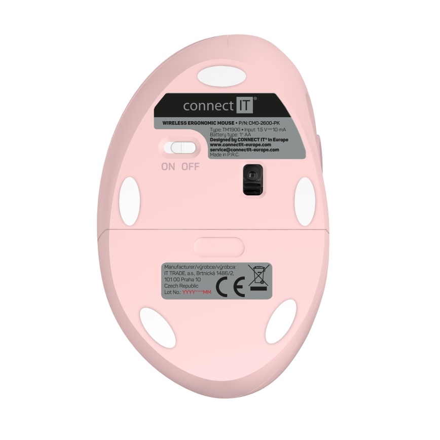 CONNECT IT CMO-2600-PK - Ergonomická bezdrátová myš 800/1200/1600 DPI 1xAA růžová