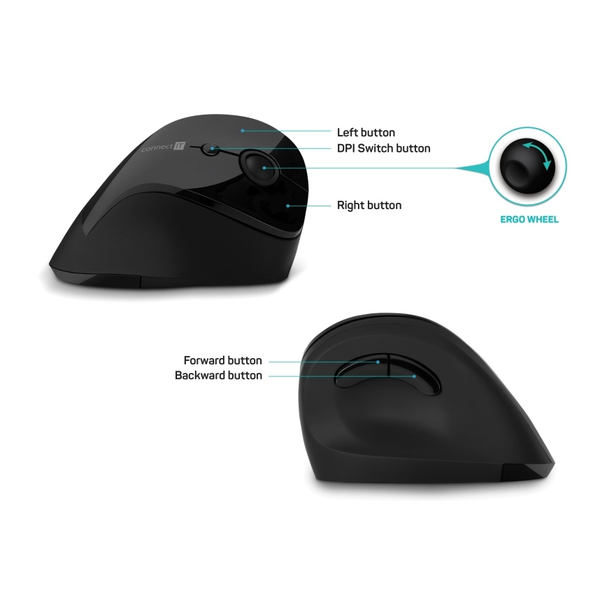 CONNECT IT CMO-2700-BK - Ergonomická bezdrátová myš 800/1200/1600 DPI 1xAA černá