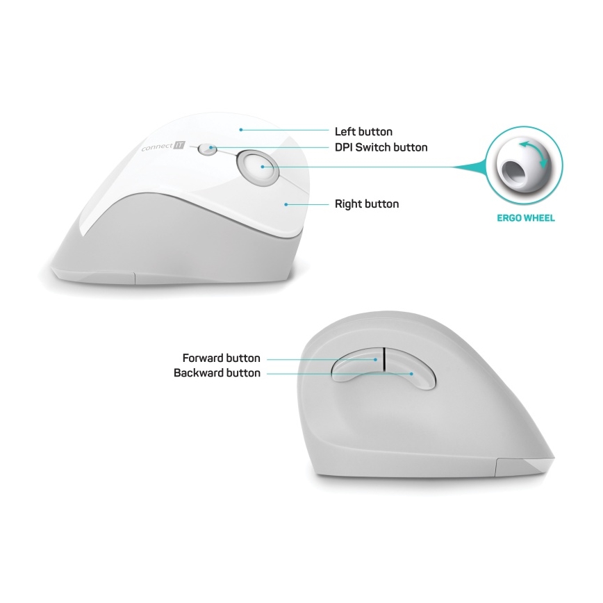 CONNECT IT CMO-2700-WH - Ergonomická bezdrátová myš 800/1200/1600 DPI 1xAA bílá