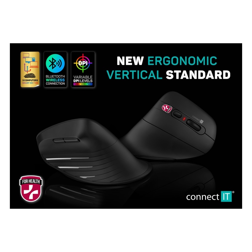 CONNECT IT CMO-2880-BK - Ergonomická bezdrátová myš Verti TriMode 1000/1600/2400 DPI 2xAAA černá