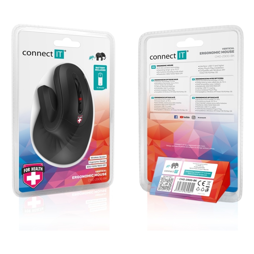 CONNECT IT CMO-2900-BK - Ergonomická bezdrátová myš 800/1200/1600 DPI 1xAA černá