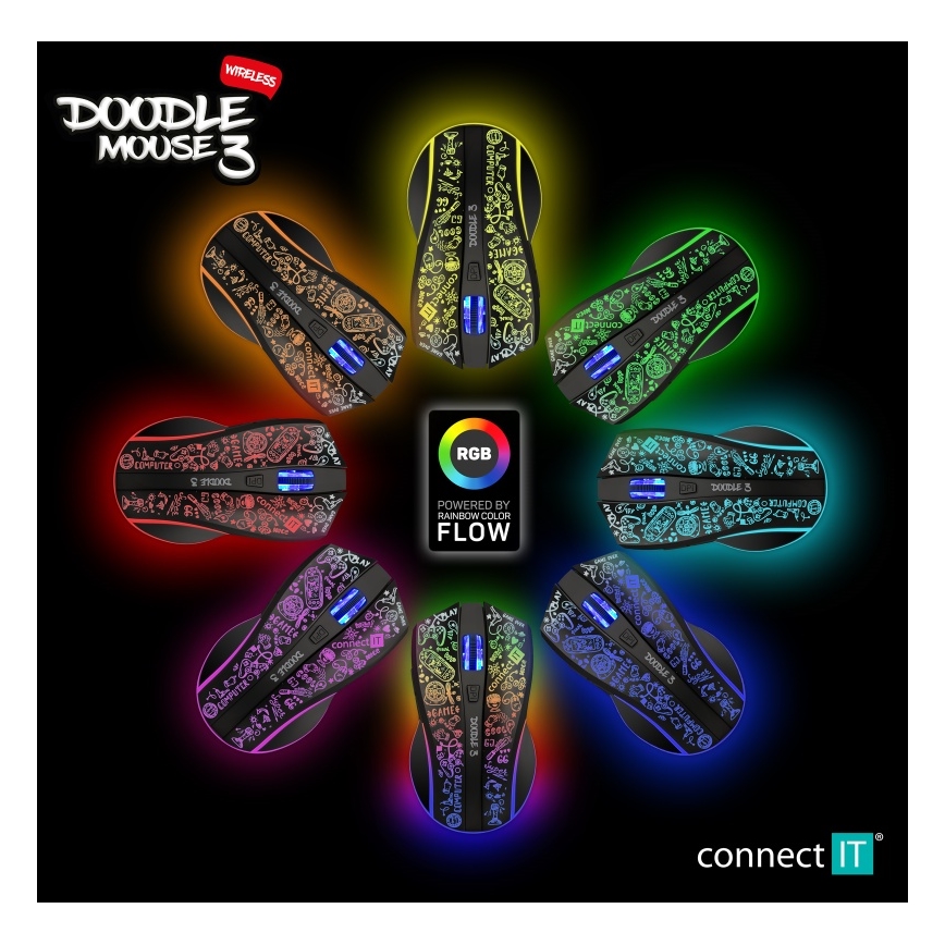 CONNECT IT CMO-3530-DD - LED RGB Bezdrátová nabíjecí herní myš 800/1200/1600/2400/4800 DPI 600 mAh černá
