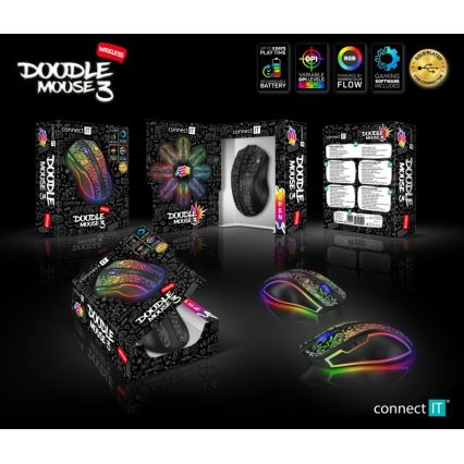 CONNECT IT CMO-3530-DD - LED RGB Bezdrátová nabíjecí herní myš 800/1200/1600/2400/4800 DPI 600 mAh černá