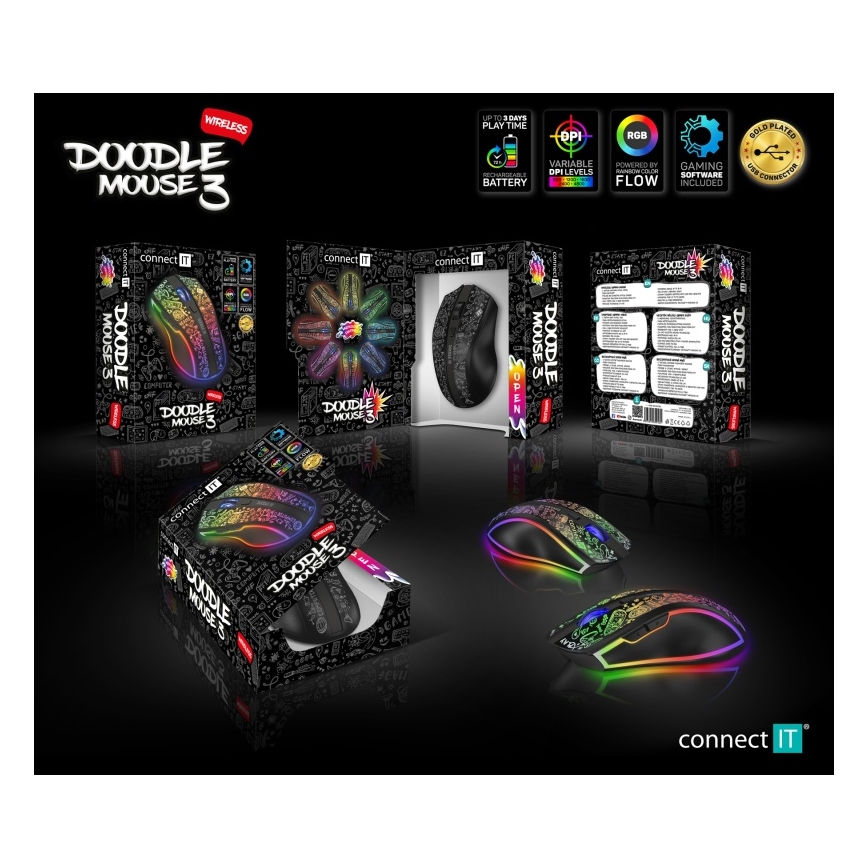 CONNECT IT CMO-3530-DD - LED RGB Bezdrátová nabíjecí herní myš 800/1200/1600/2400/4800 DPI 600 mAh černá