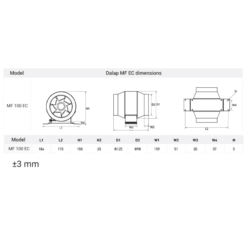 Dalap 24MF100 - Potrubní ventilátor s úsporným motorem a regulátorem otáček MF 100 EC 18W/230V