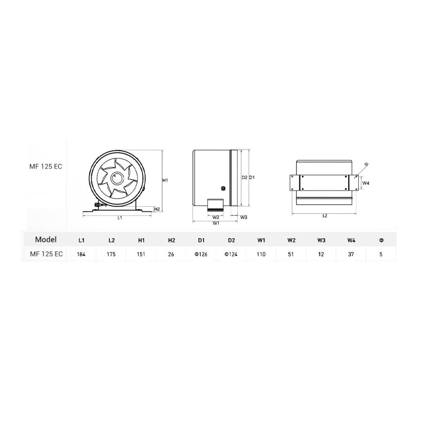 Dalap 24MF125 - Potrubní ventilátor s úsporným motorem a regulátorem otáček MF 125 EC 20W/230V