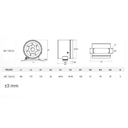 Dalap 24MF150 - Potrubní ventilátor s úsporným motorem a regulátorem otáček MF 150 EC 40W/230V