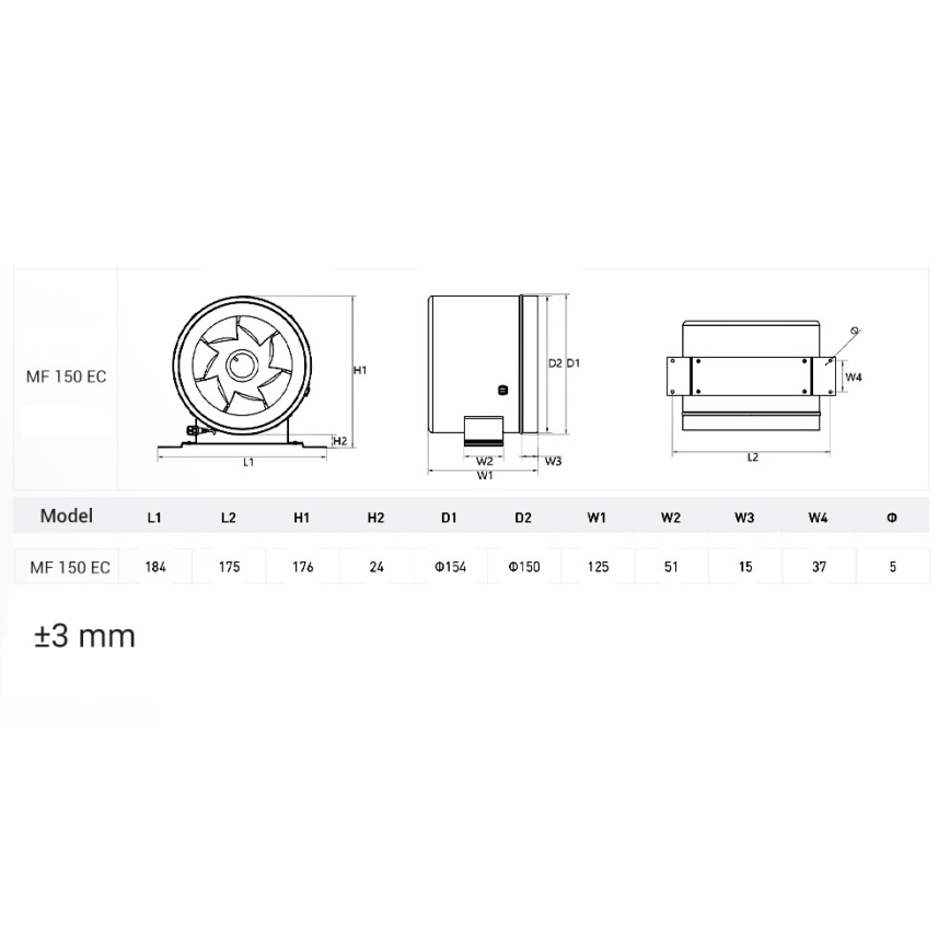 Dalap 24MF150 - Potrubní ventilátor s úsporným motorem a regulátorem otáček MF 150 EC 40W/230V